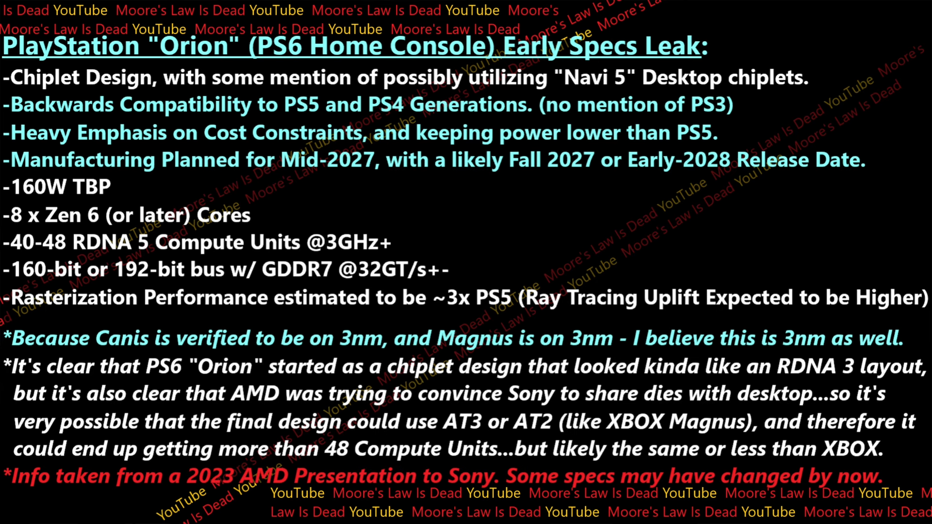 Screenshot of Moore&#039;s Law Is Dead PS6 leak video with bullet points outlining specs and release information.