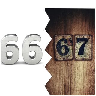 Number 66 in s silver tone metal and number 67 on a wooden door.