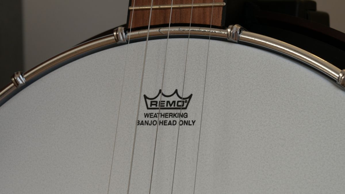 A photograph of a banjo head taken on the Lumix G97. Taken at 1/15 sec, the text on the banjo head is distinguishable.