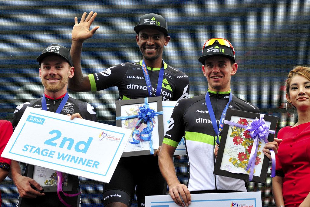 The stage 4 podium of Cam Bayly, Mekseb Debesay and Ryan Gibbbons (Dimension Data)