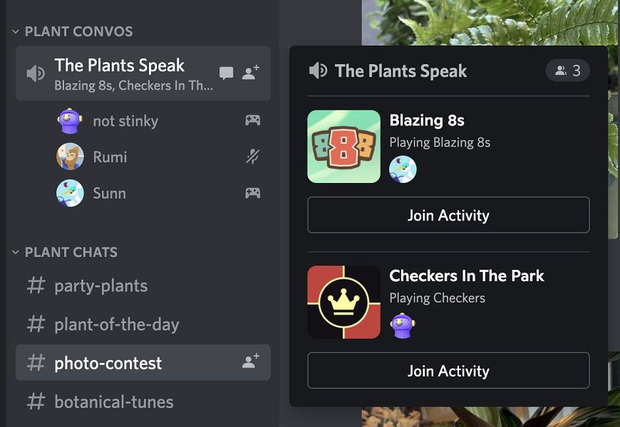Hovering over a Voice channel in Discord to view Activities.