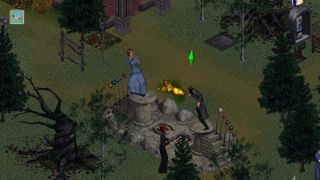 Two Sims in The Sims 2 PC Game Having A Magical Duel In A Backyard