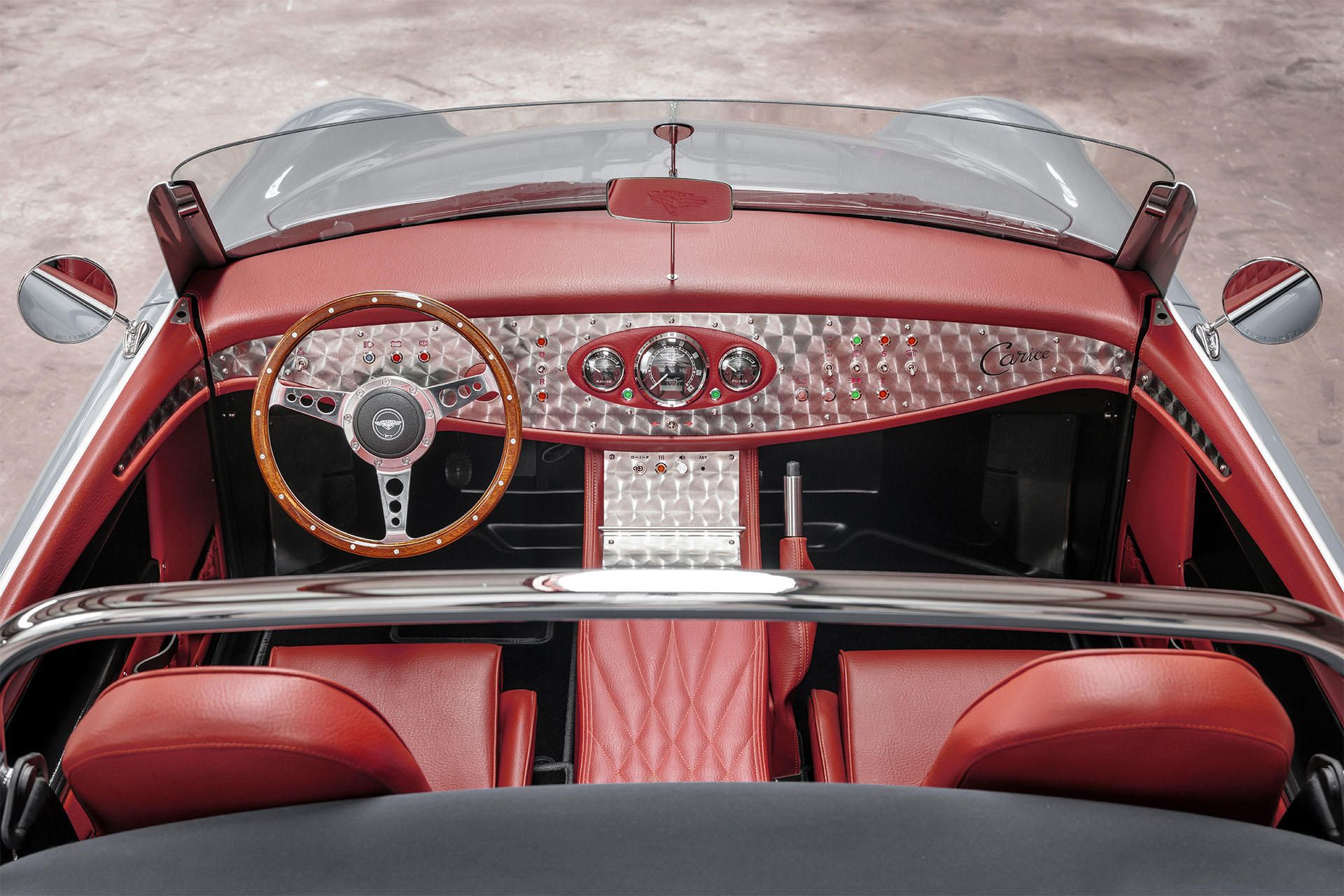 Carice TC2 electric sports car interior with red upholstery