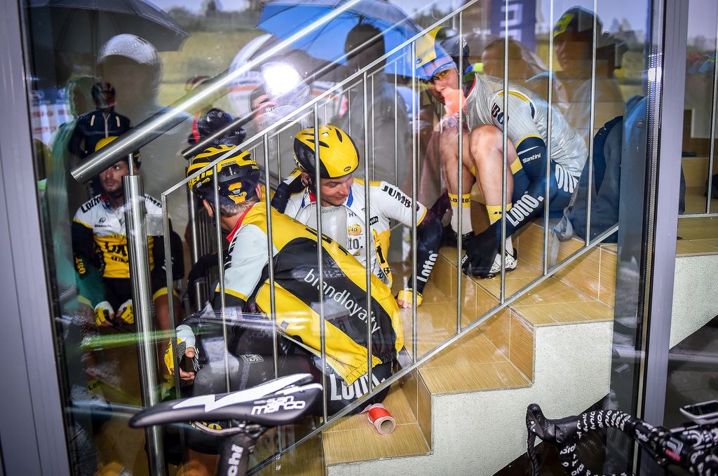 The LottoNL-Jumbo team enjoy the respite from the weather