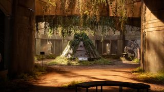 a photograph of a television set with a space capsule overgrown with plant vines at its center and spacesuit displays in the background