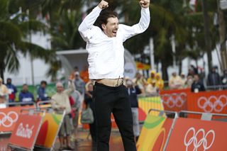 Fabian Cancellara of Switzerland celebrates winning gold in the 2016 Olympic time trial (Sunada)