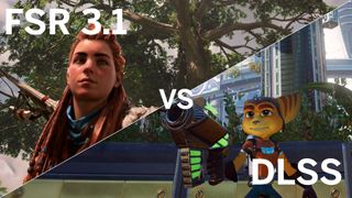 An FSR vs DLSS comparison image, showing Aloy from Horizon Forbidden West and Ratchet from, err, Ratchet and Clank: Rift Apart