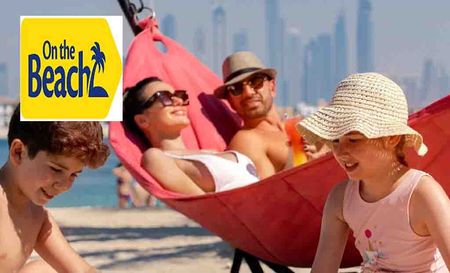 On The Beach logo placed over an image of a family on the beach with parents in a hammock