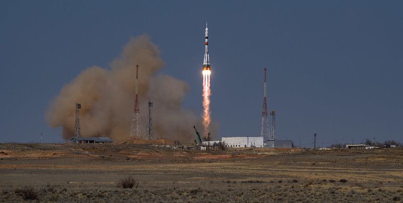 A Russian Soyuz rocket and capsule launch to the International Space Station in April 2021.