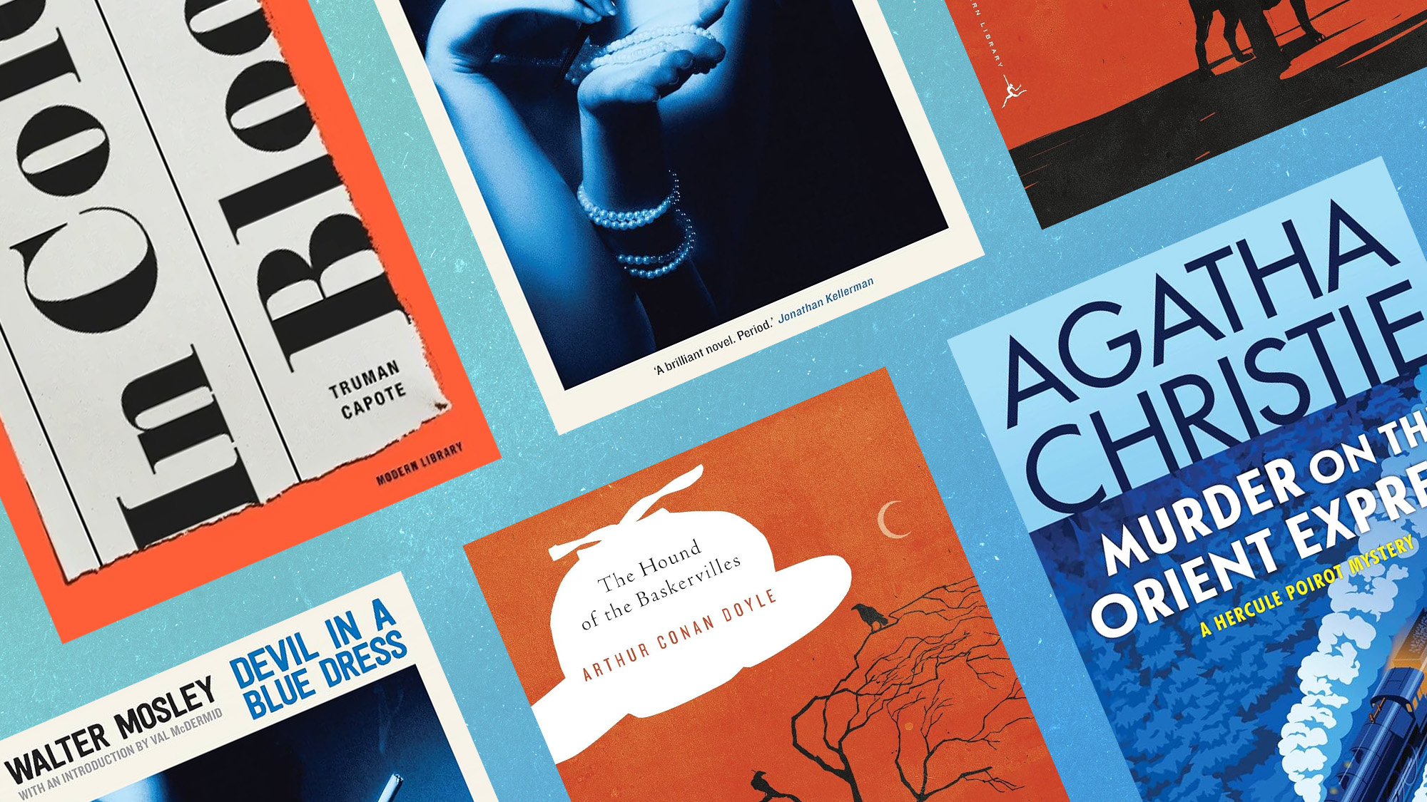 Book covers of &ldquo;Murder on the Orient Express&rdquo; by Agatha Christie, &ldquo;The Hound of the Baskervilles&rdquo; by Arthur Conan Doyle, &ldquo;In Cold Blood&rdquo; by Truman Capote, and &ldquo;Devil in a Blue Dress&rdquo; by Walter Mosley