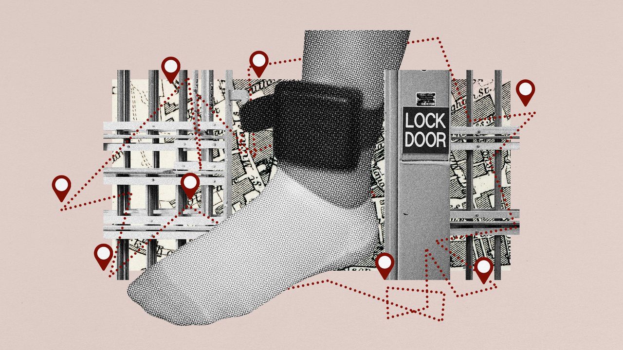 Photo collage of a foot wearing a house arrest anklet stepping out from between prison bars. In the background, there is a map and location pins, as if tracking a person&#039;s movement.