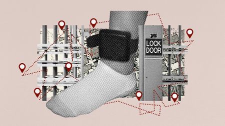 Photo collage of a foot wearing a house arrest anklet stepping out from between prison bars. In the background, there is a map and location pins, as if tracking a person's movement.