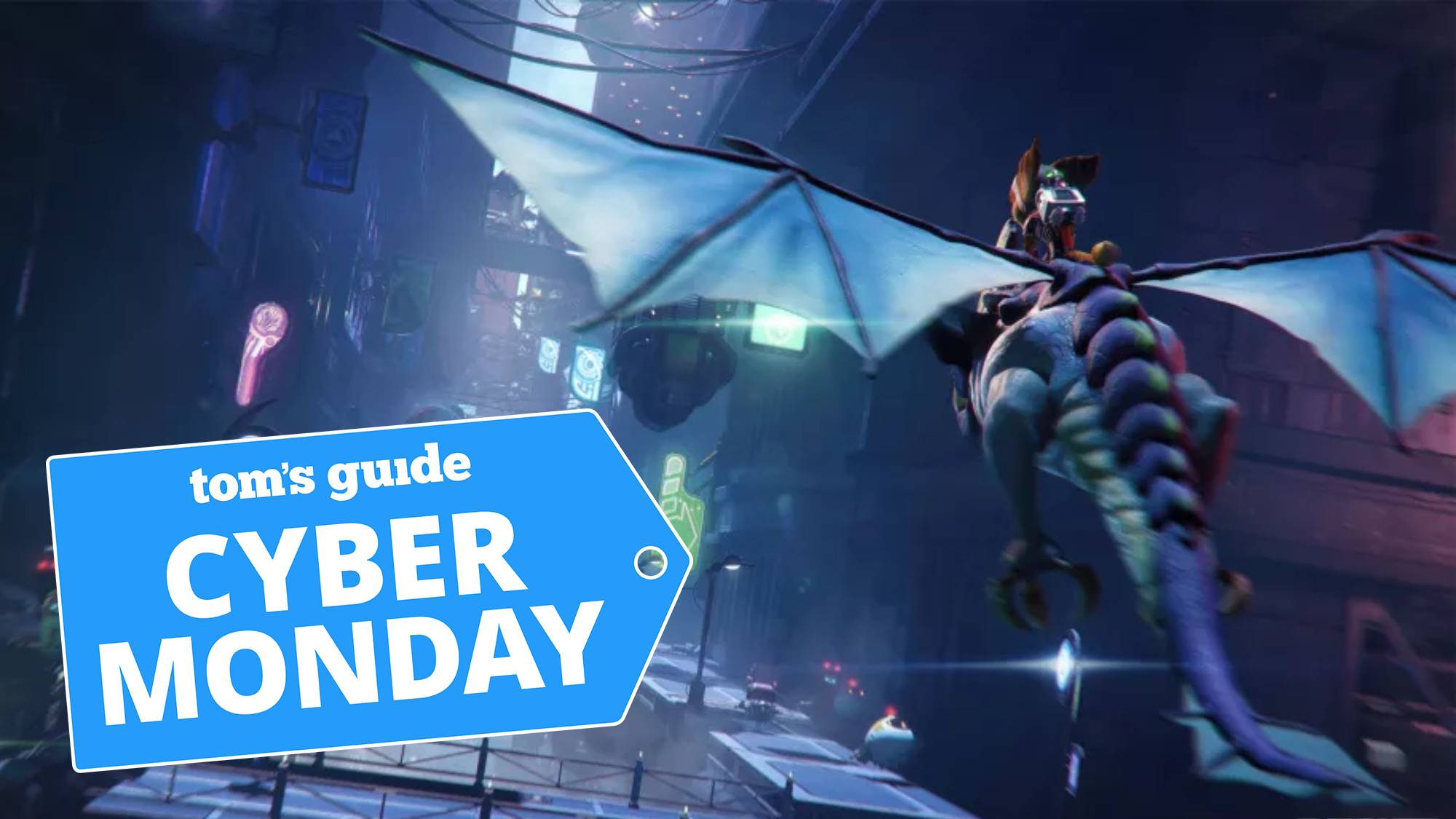 A screenshot from Ratchet and Clank Rift Apart with a Cyber Monday deal tag