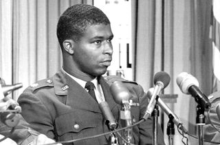 Robert Henry Lawrence, Jr., seen here at a 1967 press conference for the U.S. Air Force's Manned Orbiting Laboratory program, was the first African American to be selected as an astronaut. Lawrence died in December 1967 in an F-104 jet crash.