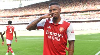 Arsenal striker Gabriel Jesus celebrates after scoring a goal against Leicester City on 13 August, 2022