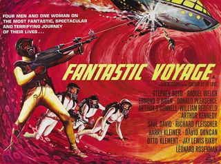 A promotional poster for "Fantastic Voyage" depicting four spacesuit-clad astronauts surrounded by psychedelic colors.