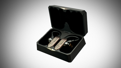 iFi GO Pod Max in their case, shot on a white background that fades to black in the corners