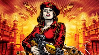 Command and Conquer: Red Alert 3 header art - woman dressed in red wearing a beret and wielding an assault rifle