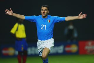 Christian Vieri celebrates after scoring for Italy against Ecuador at the 2002 World Cup in June 2002.