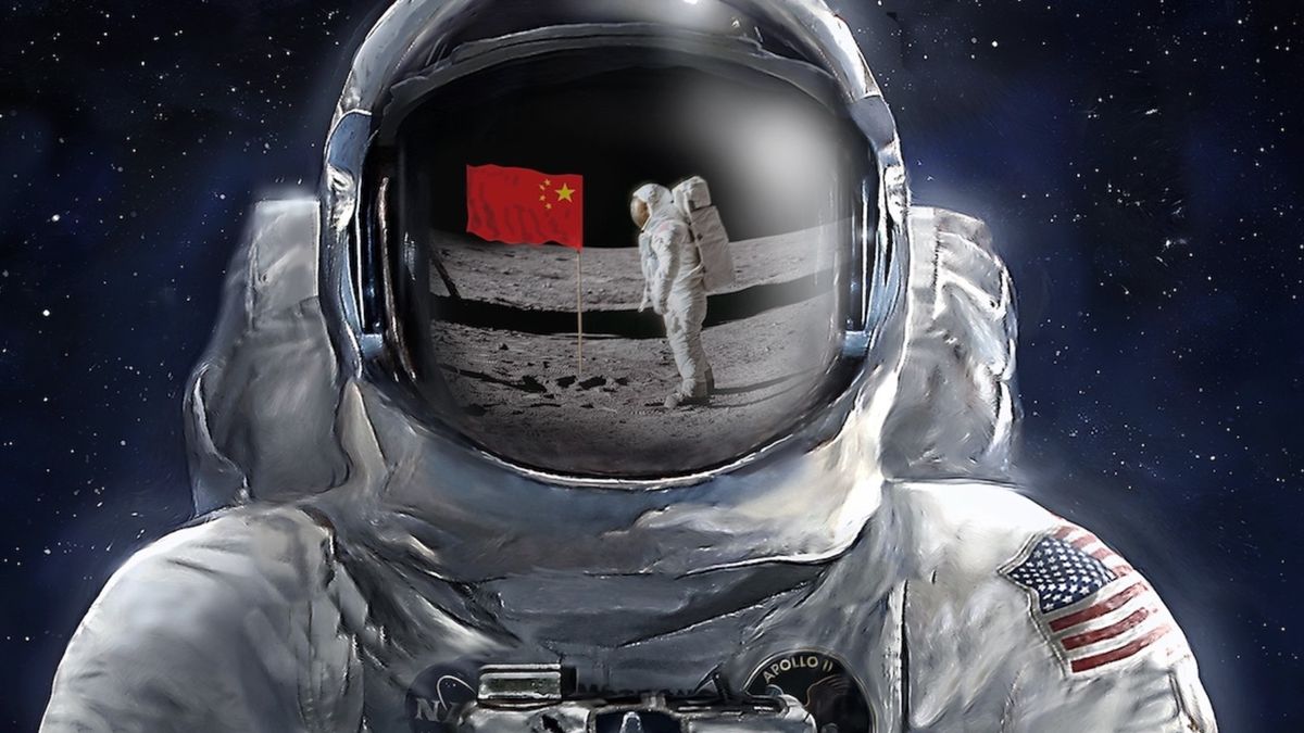 an astronaut in a white space suit stands beside the chinese flag on the moon