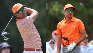 Rickie Fowler hits a tee shot and watches it