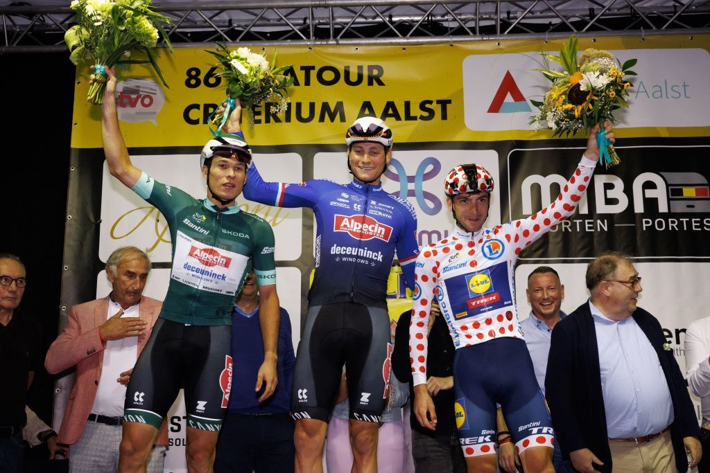 Belgian Jasper Philipsen of AlpecinDeceuninck Dutch Mathieu van der Poel of AlpecinDeceuninck and Italian Giulio Ciccone of LidlTrek celebrate on the podium of the Natourcriterium Aalst cycling event Monday 24 July 2023 in Aalst The traditional criteriums are local showcases for which mainly cyclists who rode the Tour de France are invited BELGA PHOTO KURT DESPLENTER Photo by KURT DESPLENTER BELGA MAG Belga via AFP Photo by KURT DESPLENTERBELGA MAGAFP via Getty Images