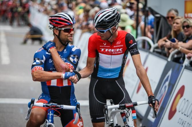 US Pro champion Eric Marcotte (Smartstop) and Luxembourg champion Fr&auml;nk Schleck (Trek) at the USA Pro Challenge start in Aspen