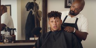 Patrick Mahomes getting his haircut.