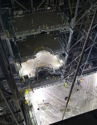 A view of new SLS platforms being installed in the VAB's High Bay 3.