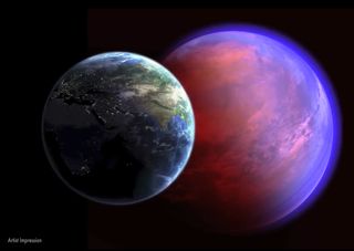 An artist's impression of the alien planet 55 Cancri e, with Earth in the foreground for comparison.