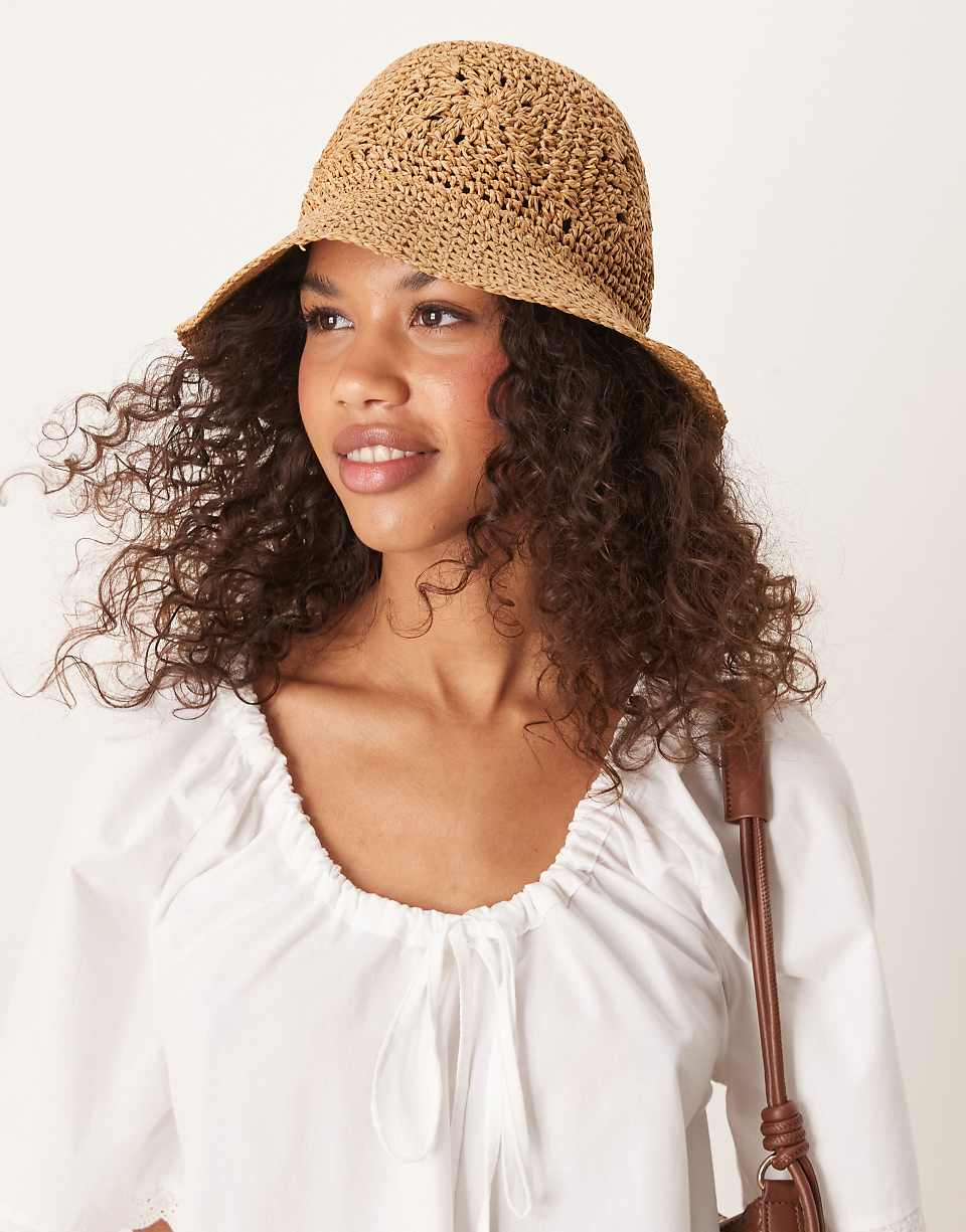 Asos Design Straw Packable Floral Crochet Bucket Hat in Natural