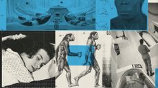 Photo composite illustration of primitive humans, a brain scan, a sleeping woman and scenes of suspended animation from sci-fi films