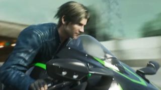 Leon S. Kennedy on a motorcycle in Resident Evil: Death Island
