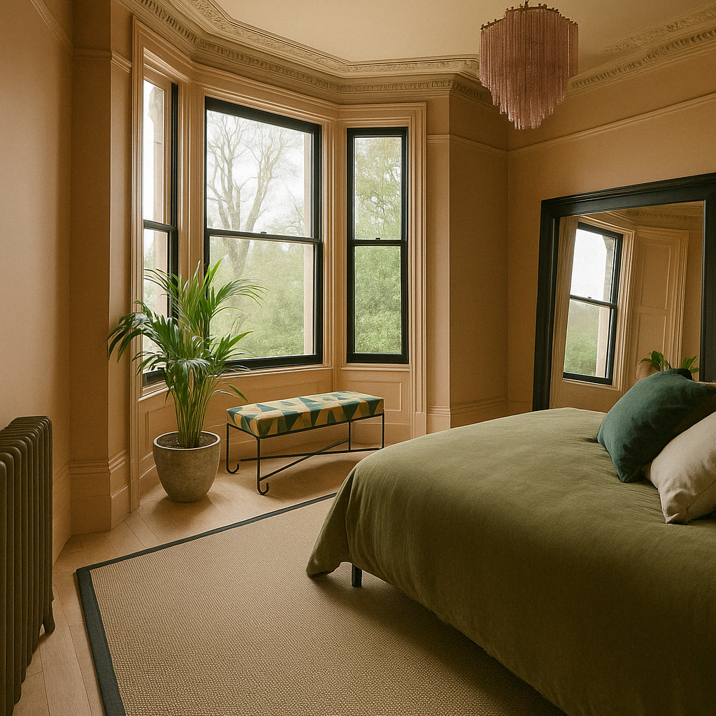 ai rendering of a beige bedroom with green bedlinen