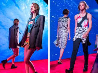 Models wear gray suit jacket, tank tops and animal print dresses
