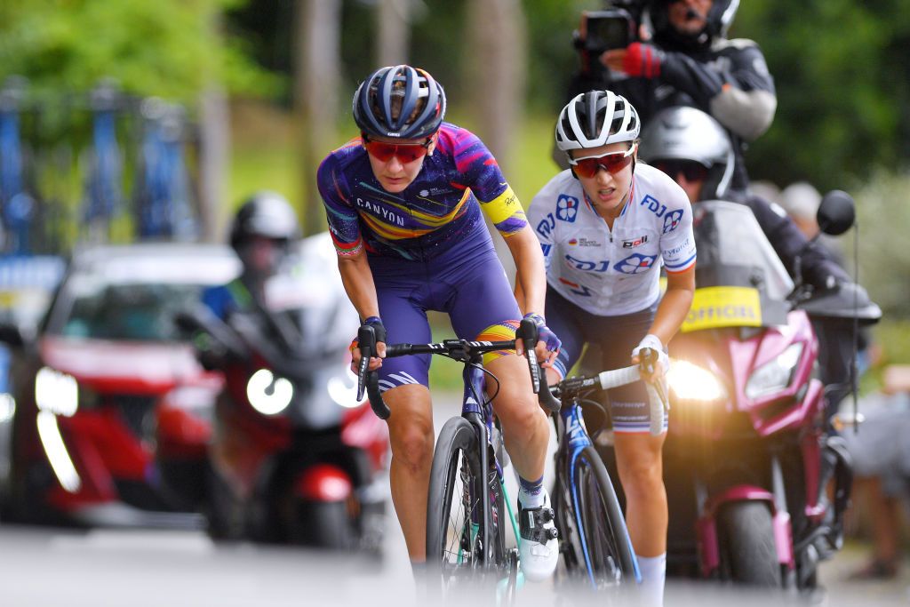 PLOUAY FRANCE AUGUST 30 LR Alena Amialiusik of Belarus and Canyon SRAM Racing Team and Jade Wiel of France and Team FDJ Nouvelle Aquitaine Futuroscope compete in the breakaway during the 20th GP de Plouay Lorient Agglomration Trophe Ceratizit 2021 a 1504km one day race from Plouay to Plouay GrandPrixPlouay OuestFrance on August 30 2021 in Plouay France Photo by Luc ClaessenGetty Images