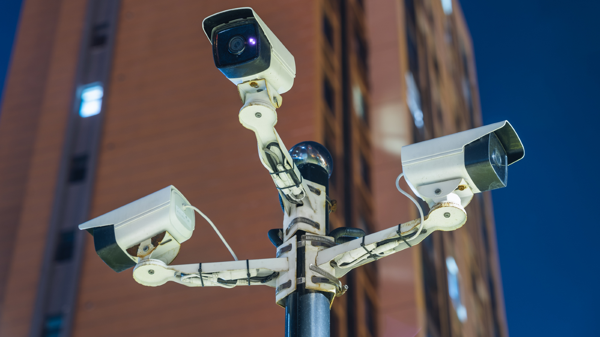 Four white security cameras are mounted in a cross-shape at the top of a street pole.