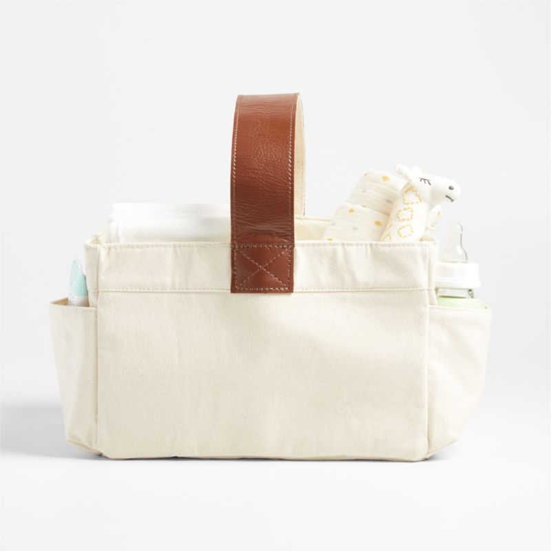 Canvas Diaper Caddy Organizer With Brown Leather Handle
