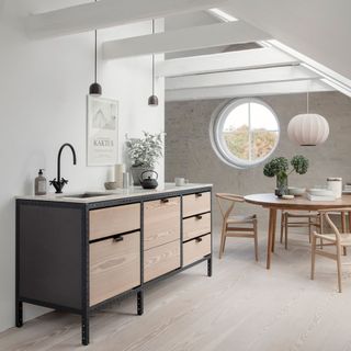 kitchen with wooden flooring and free standing unit