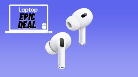 White Apple AirPods Pro 2 wireless earbuds against a blue gradient background with epic deal badge.