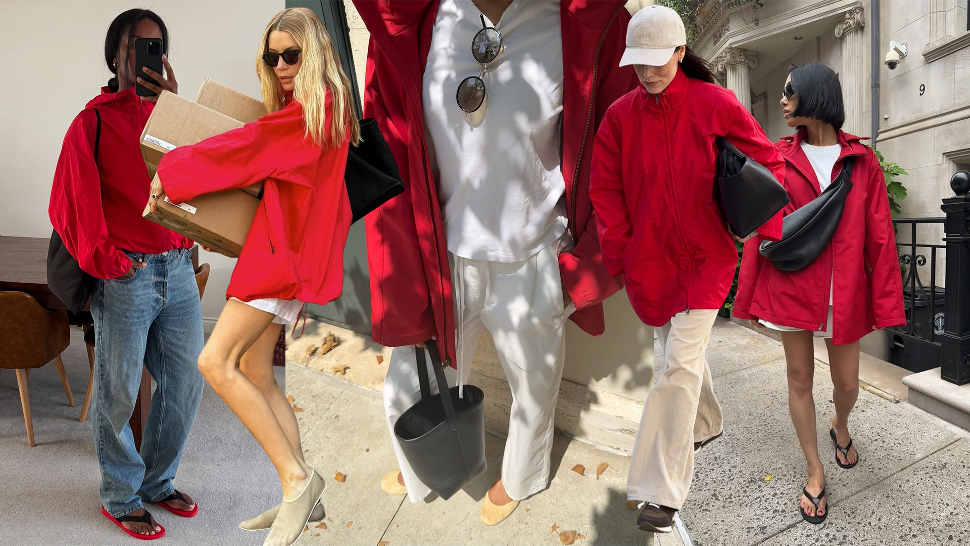 A collage of people wearing red sporty jackets.