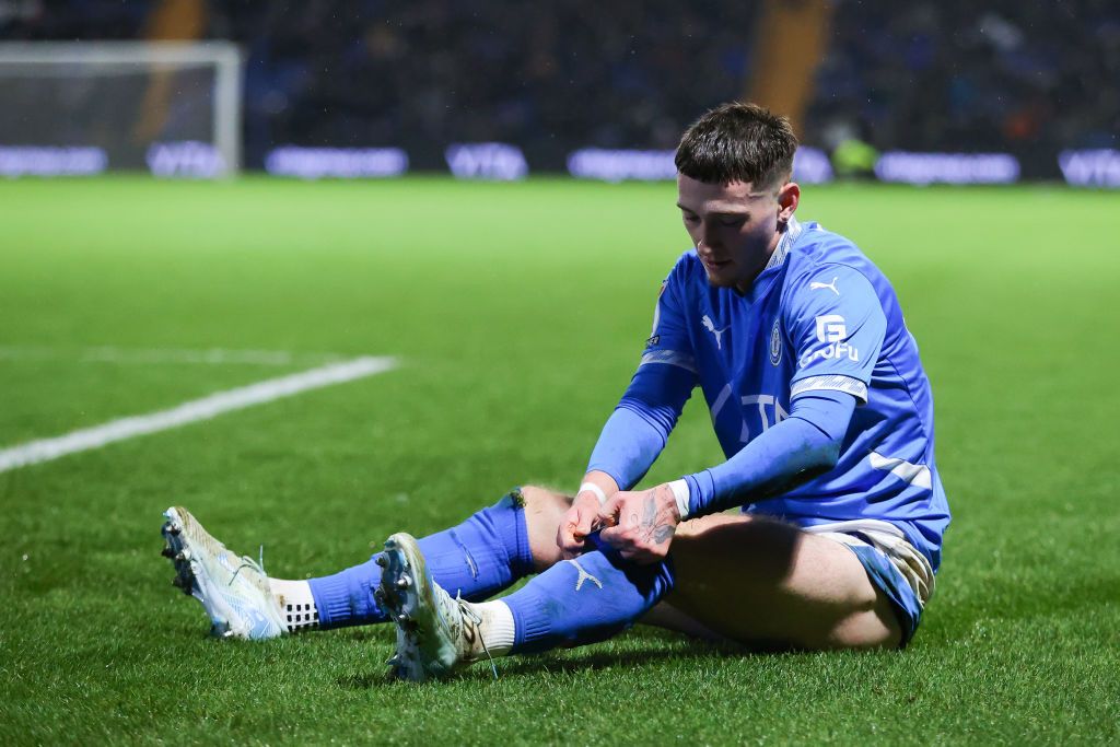 Louie Barry of Stockport County during the Sky Bet League One match between Stockport County FC and Peterborough United FC at Edgeley Park on December 20, 2024 in Stockport, England 