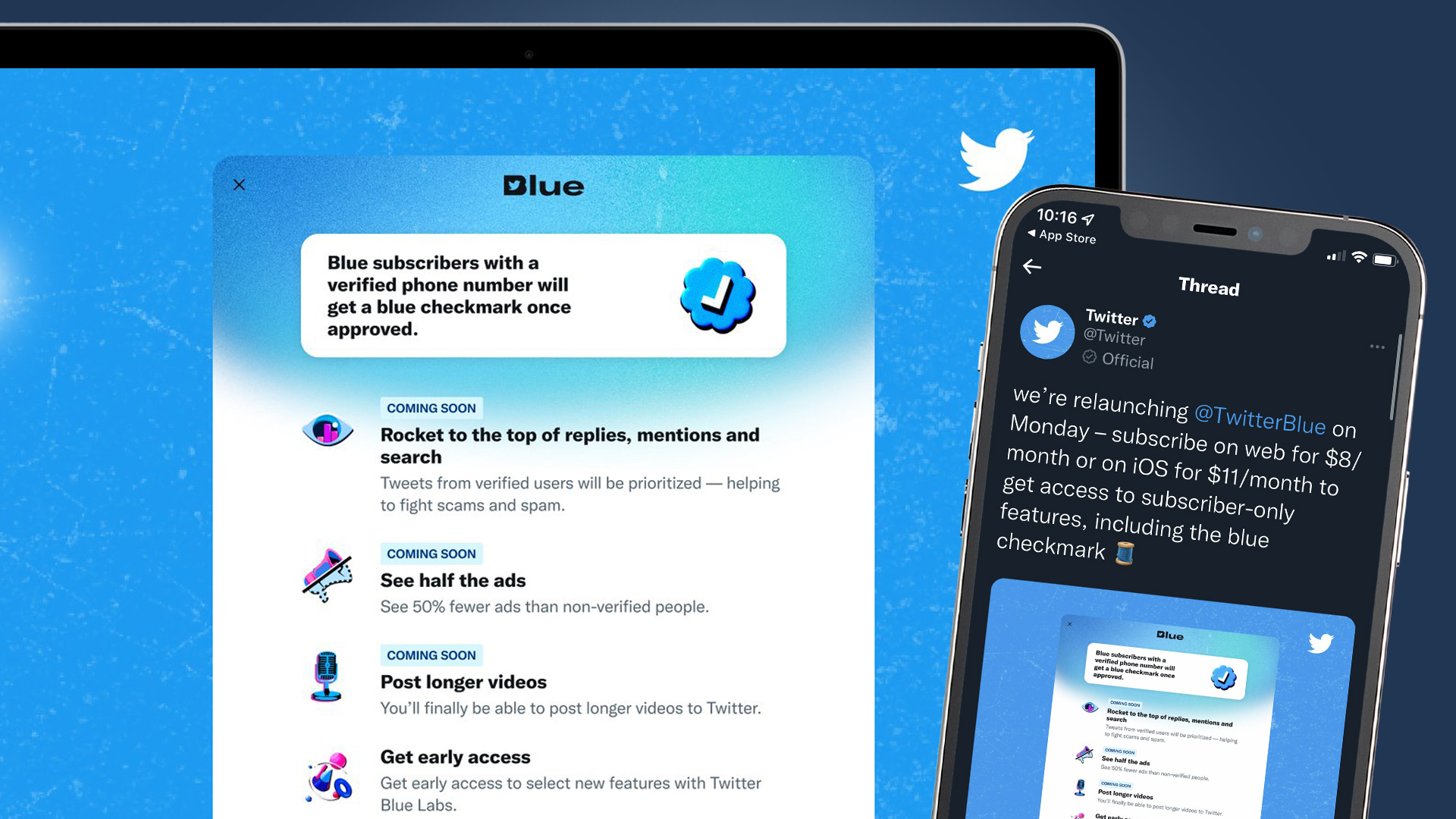 Ноутбук и экран телефона с логотипом Twitter Blue
