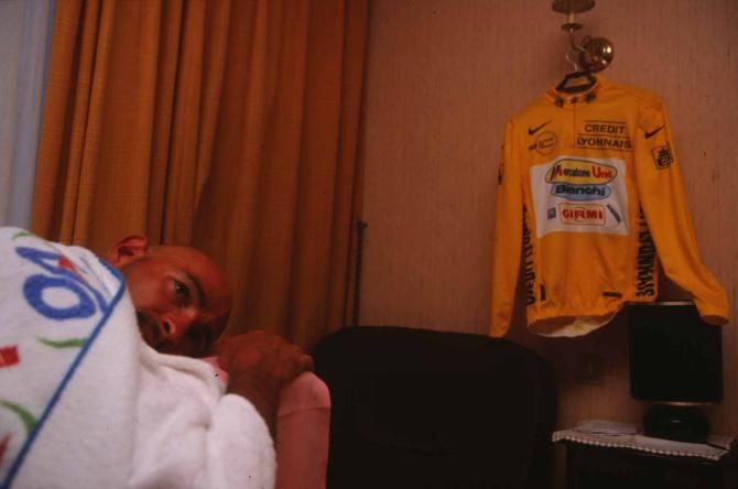Marco Pantani gets a massage after taking the yellow jersey at the 1998 Tour de France