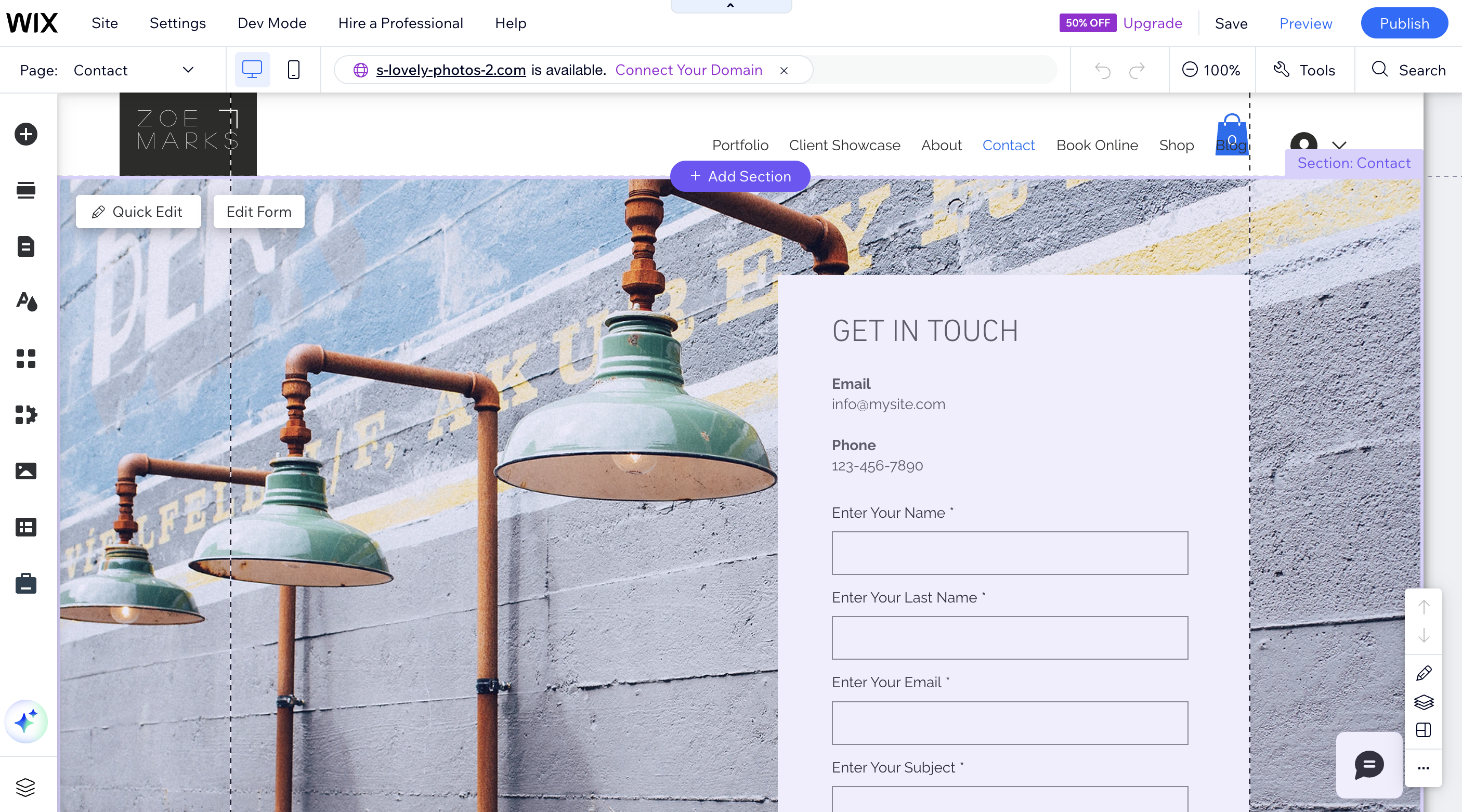 Contact page being edited in Wix Classic editor