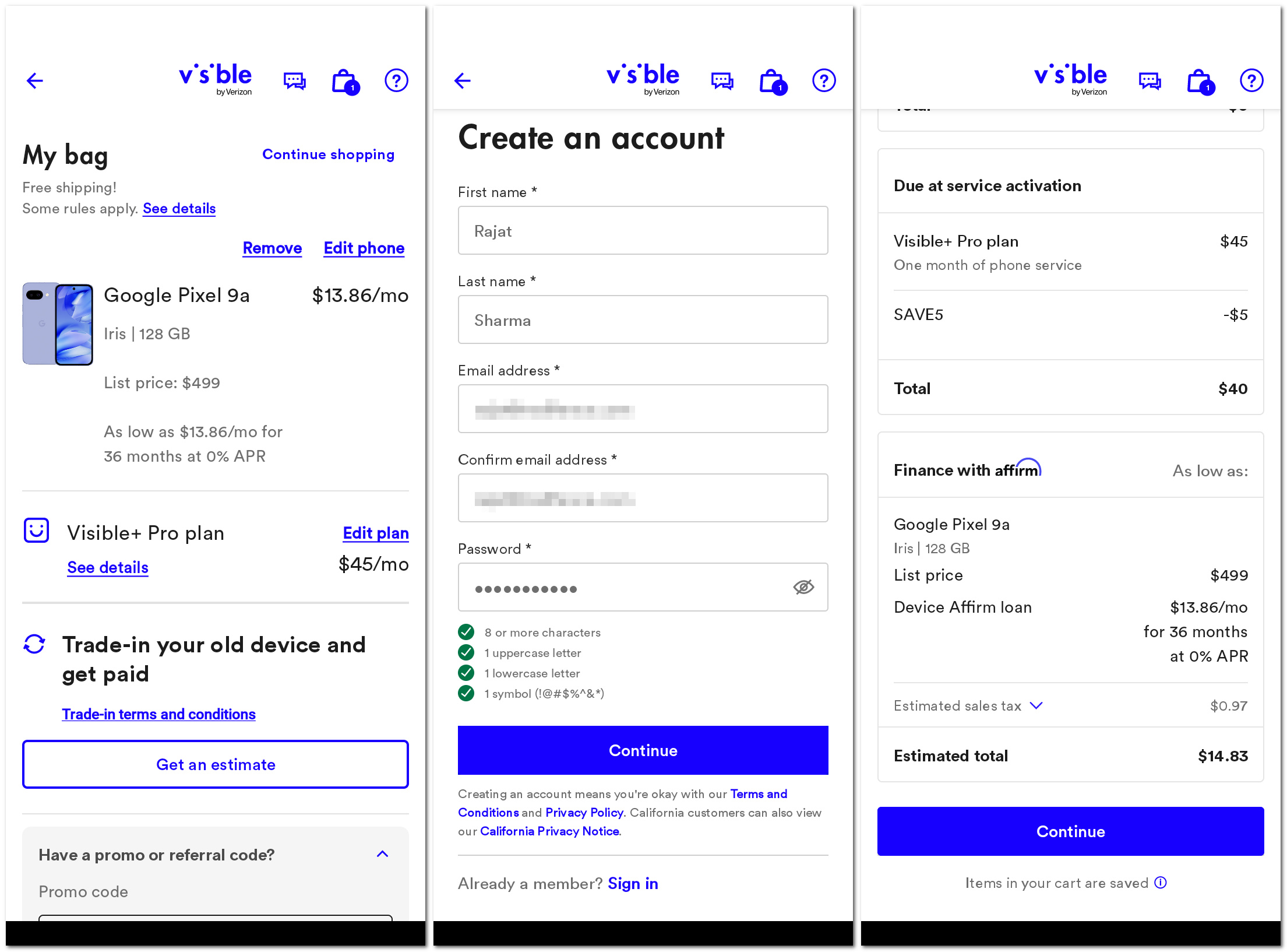 how to sign up for visible - step 4 - shopping bag, account creation, and checkout screens