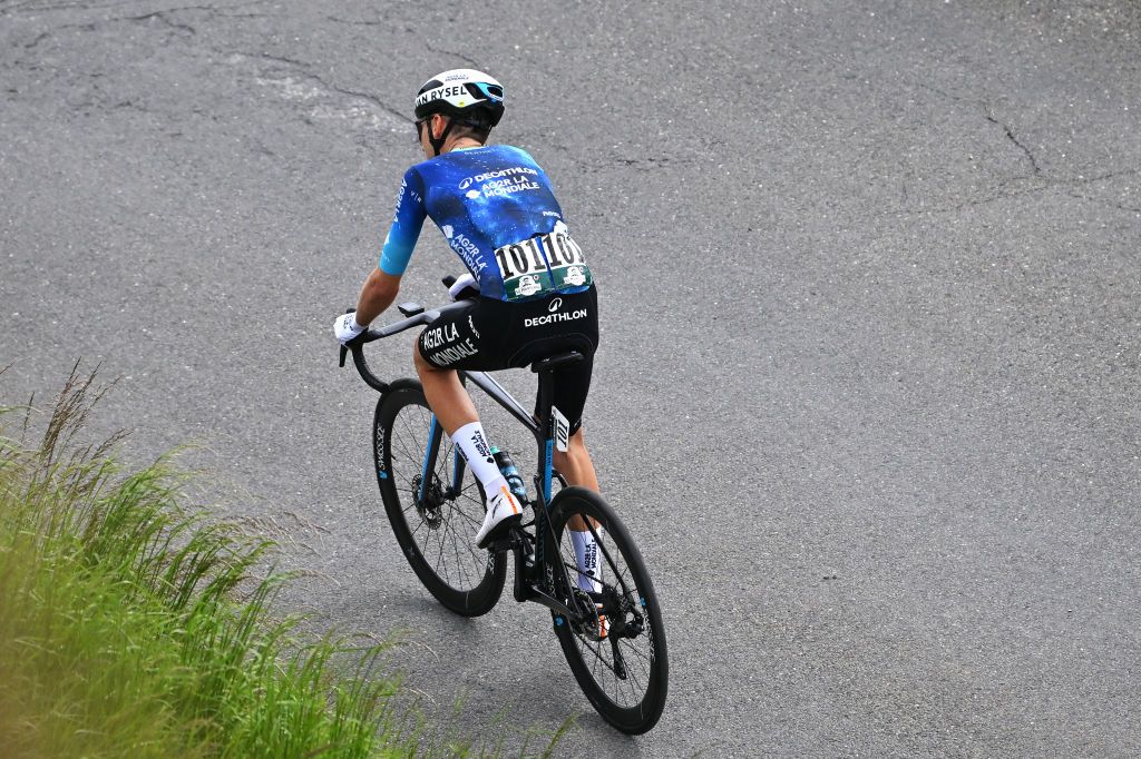 LEYSIN SWITZERLAND APRIL 27 Clement Berthet of France and Decathlon AG2R La Mondiale Team competes in the breakaway during the 77th Tour De Romandie 2024 Stage 4 a 1592km stage from Saillon to Leysin 1314m UCIWT on April 27 2024 in Leysin Switzerland Photo by Luc ClaessenGetty Images