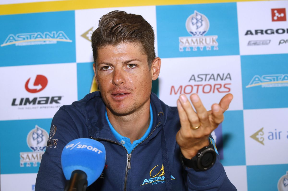 Jakob Fuglsang answering questions