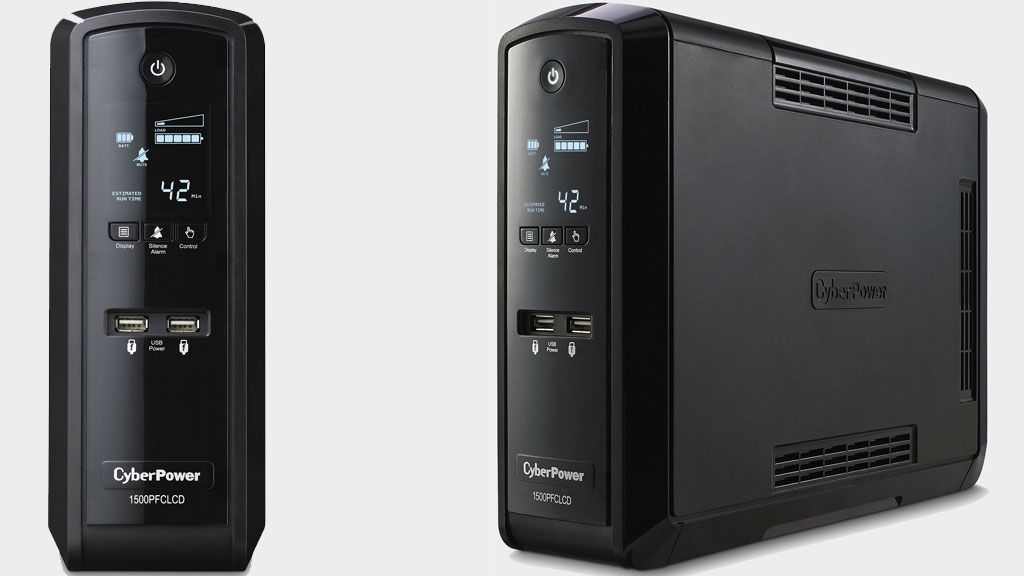 CyberPower 1500VA UPS battery backup on a gray background.