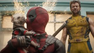 Dogpool licks Deadpool's face as Wolverine looks on in Marvel's Deadpool and Wolverine, the next Marvel Phase 5 movie